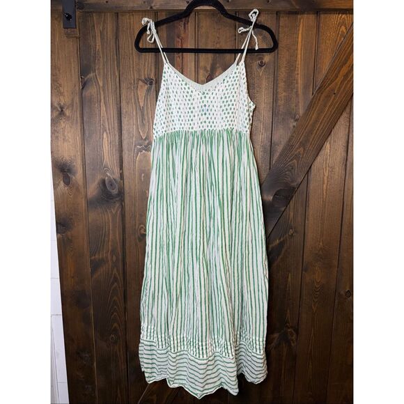 EKA Smocked Geometir Striped CottonTiered Midi Dress - Picture 2 of 6